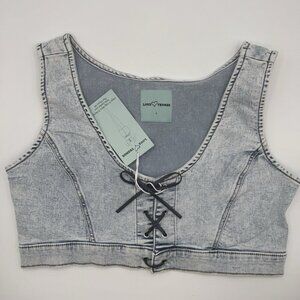 NWT Denim Corset Bra Crop Top Large Acid Wash Leather Lace-Up Front Festival Y2K
